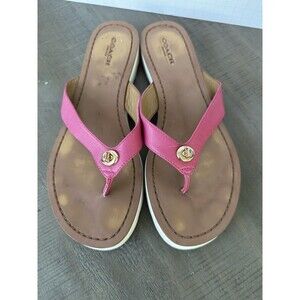 COACH Shelly Red Leather Thong Flip Flop Sandal Women Size 7.5 Turnlock Charm